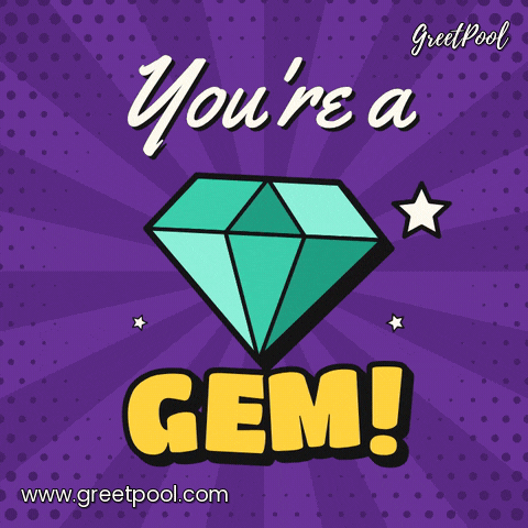 You're a gem comic diamond sparkling on purple halftone rays with bouncing yellow lettering, work anniversary