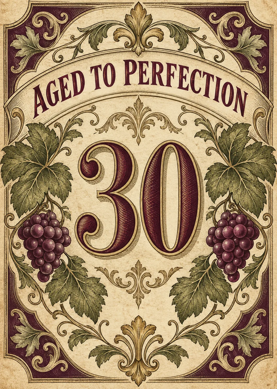 Aged to Perfection 30th birthday vintage wine label style with burgundy numerals, grape clusters and vine flourishes Aged to Perfection 30th birthday vintage wine label style with burgundy numerals, grape clusters and vine flourishes