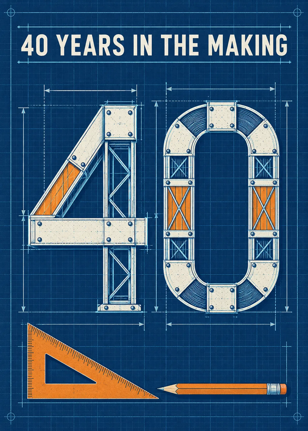 Blueprint style 40th birthday card, giant steel beam 40 on navy grid with orange ruler and pencil