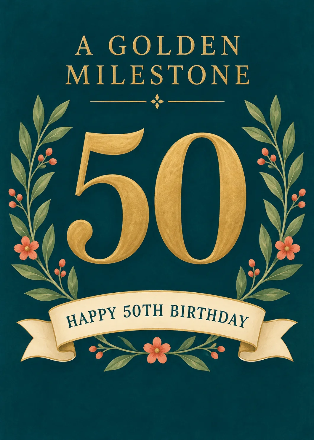 Happy 50th Birthday gold numerals on deep teal with green laurel branches, coral flowers and a cream ribbon banner