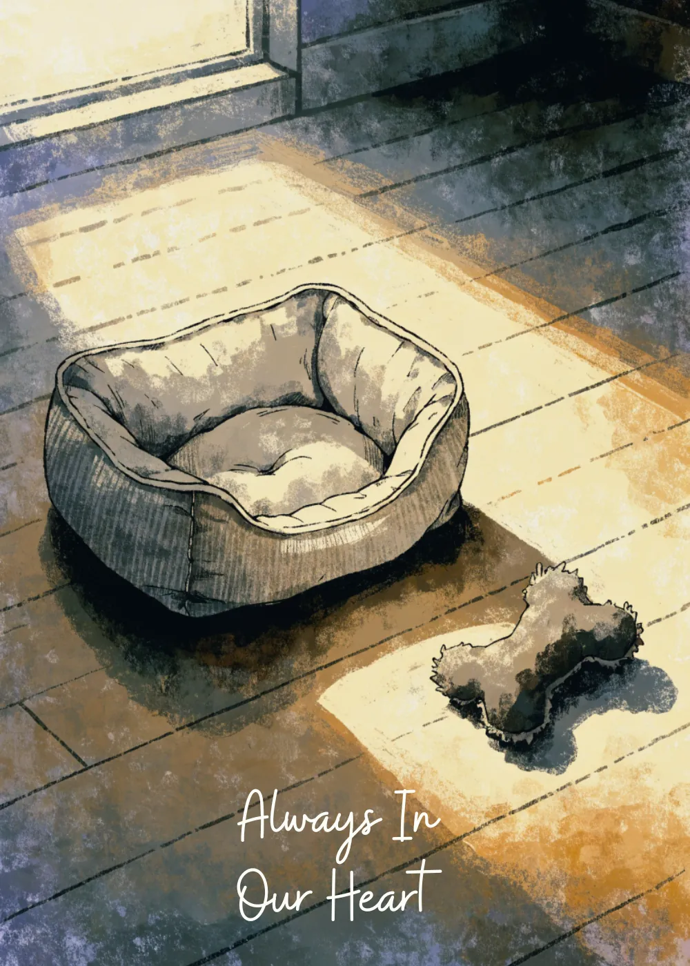 Empty pet bed in window light on an Always In Our Heart pet memorial card