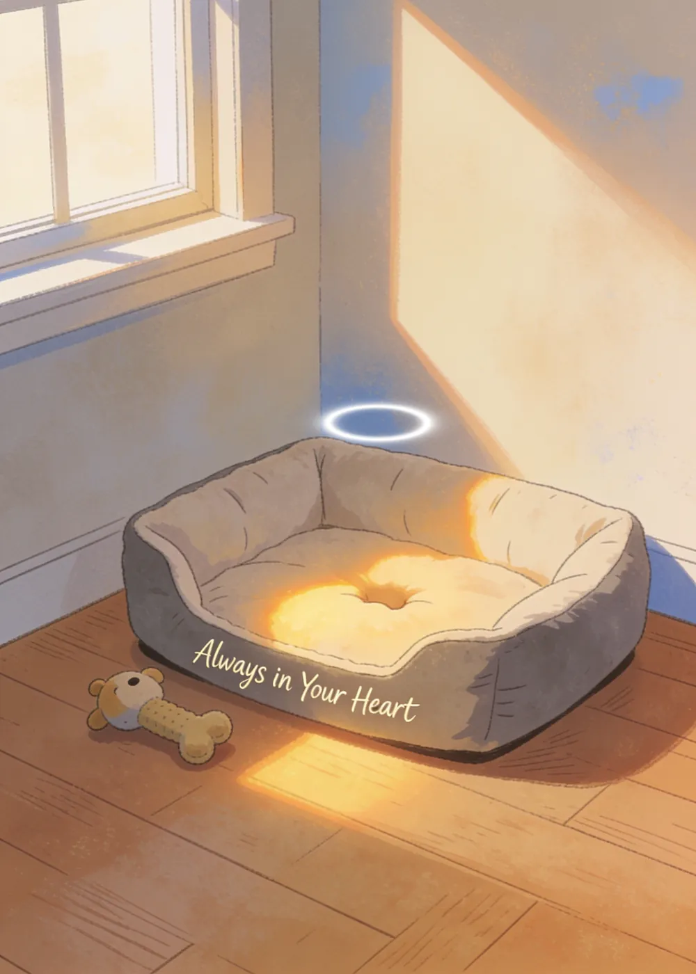 Empty pet bed with a soft halo on an Always in Your Heart pet sympathy card