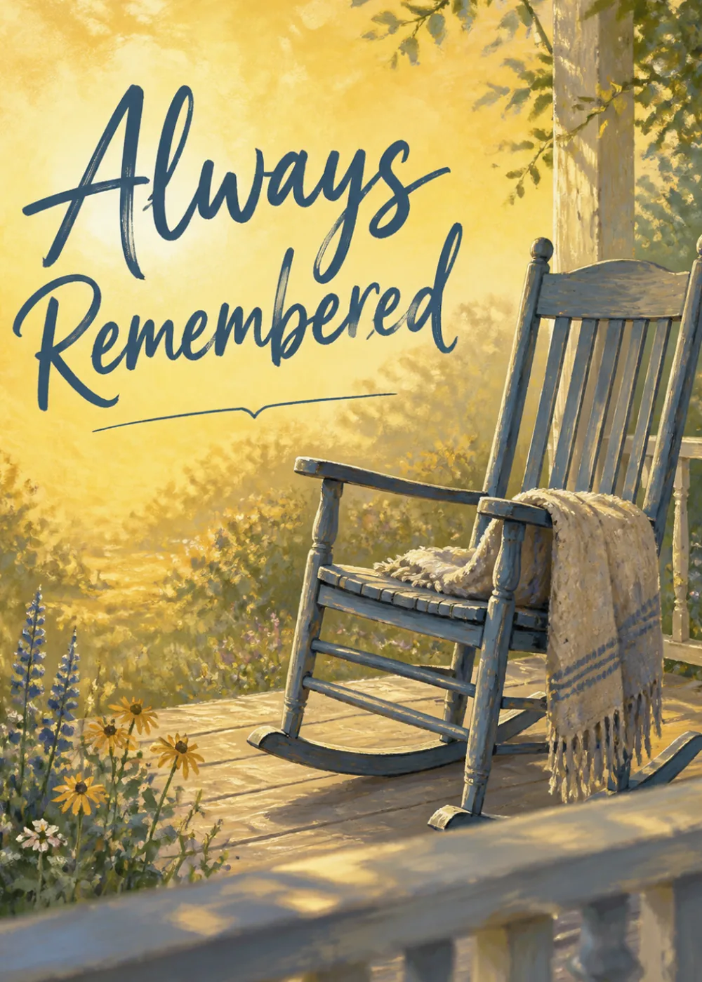 Empty wooden rocking chair on a sunlit porch surrounded by wildflowers, a sympathy keepsake scene