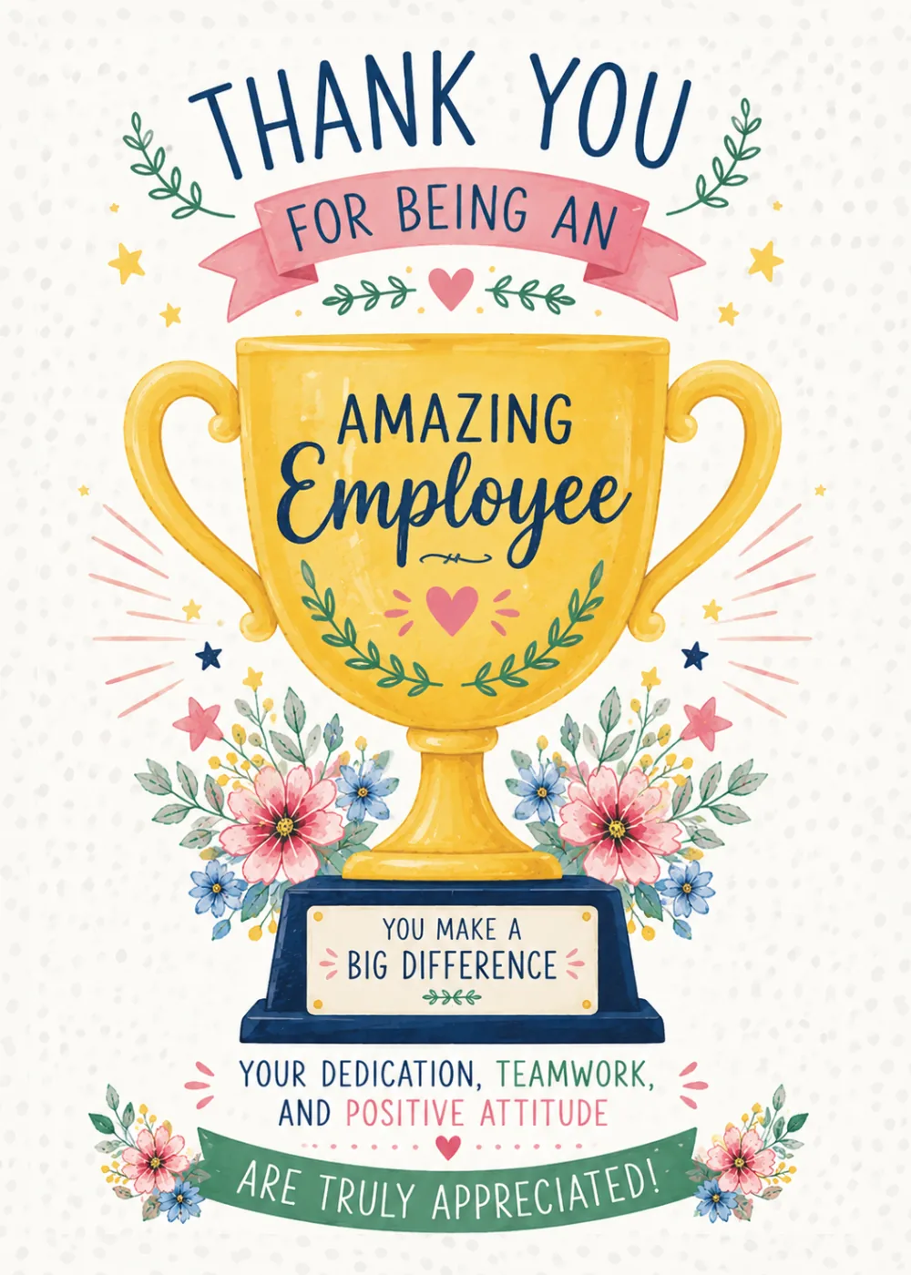 Gold trophy with employee appreciation message and soft pink and blue watercolor flowers