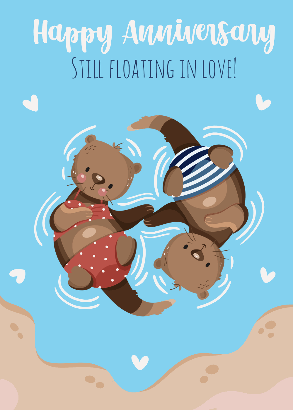 Two illustrated bears cuddling on a warm-toned happy anniversary card