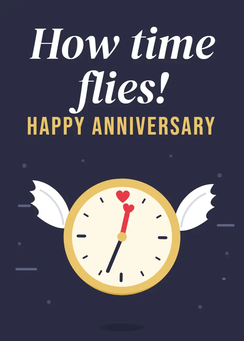 Animated gold clock with white wings and a heart at twelve flying under How time flies Happy Anniversary text Animated gold clock with white wings and a heart at twelve flying under How time flies Happy Anniversary text