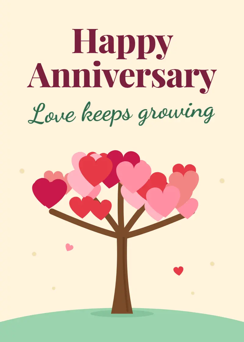 Animated tree with branches full of pink and red hearts under Happy Anniversary Love keeps growing script Animated tree with branches full of pink and red hearts under Happy Anniversary Love keeps growing script