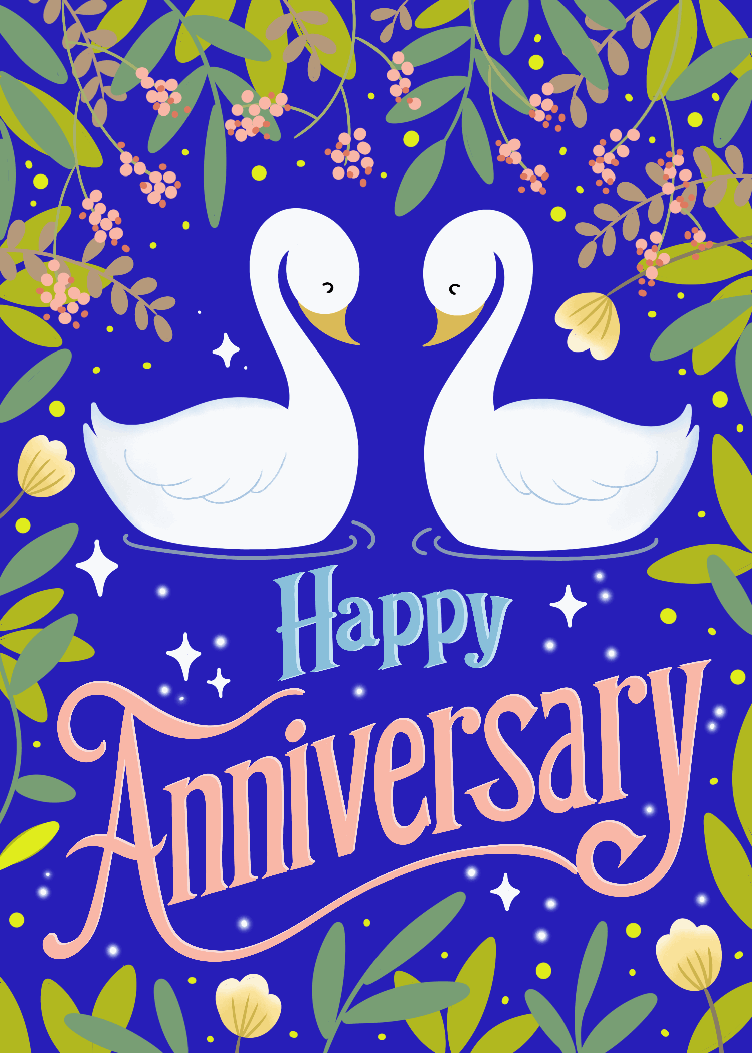 Two elegant white swans forming a heart on a deep navy anniversary card