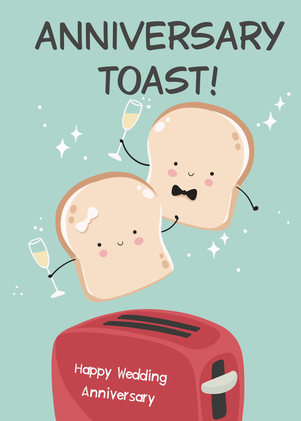 Two animated toast characters clinking champagne flutes on a sky-blue anniversary card
