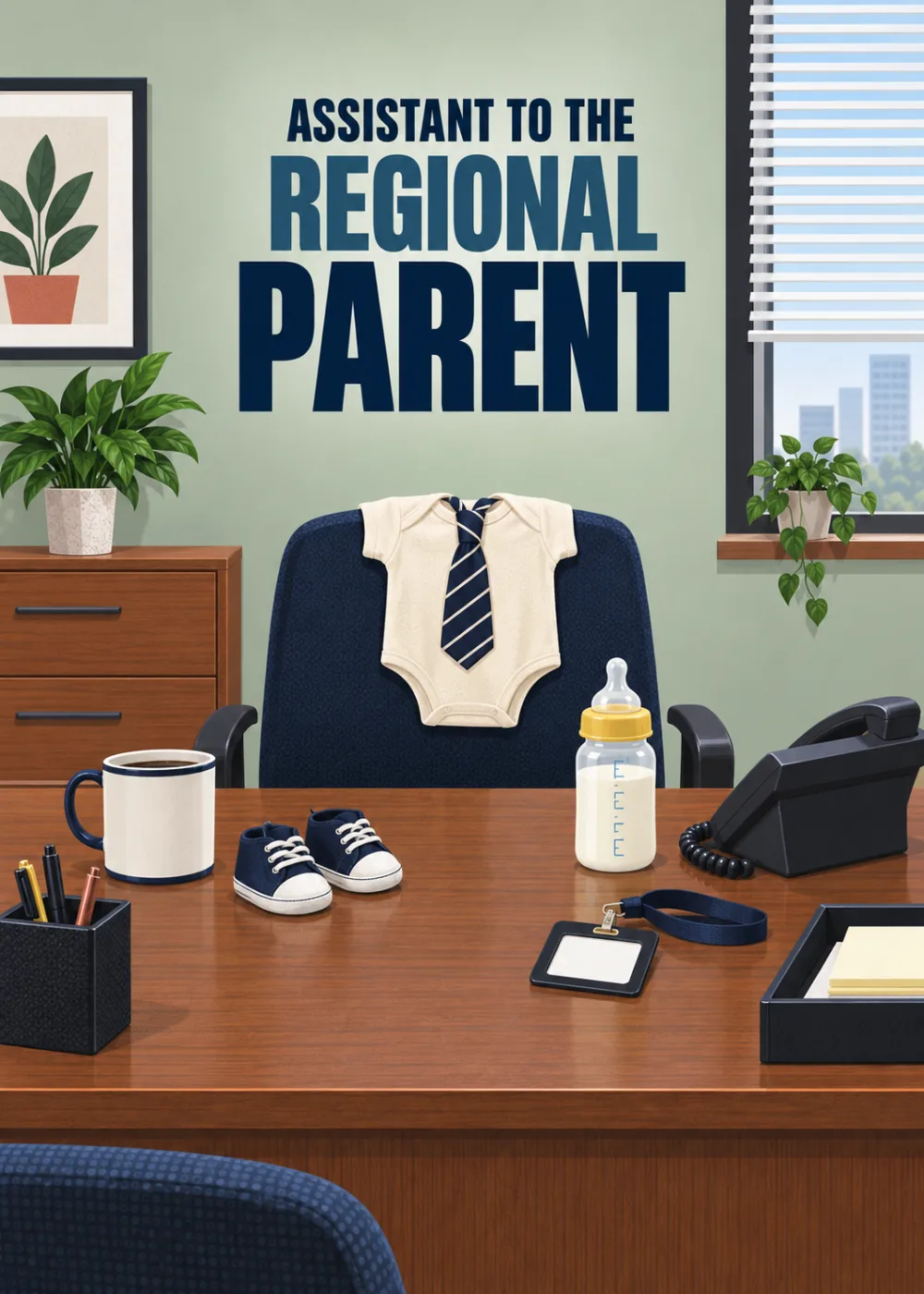 Office chair dressed in a baby onesie and tie beside baby shoes and a bottle Office chair dressed in a baby onesie and tie beside baby shoes and a bottle