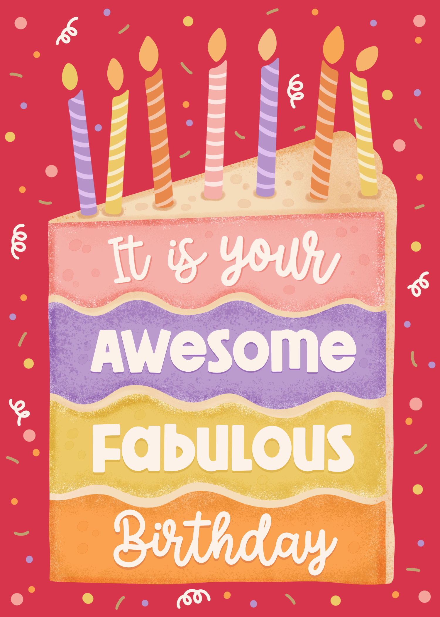 Pink and orange birthday card with a candle-topped cake and bold lettering