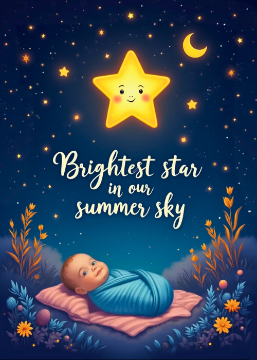 Dark navy night sky new baby card filled with twinkling stars and soft bokeh light circles, a large rounded smiling cartoon star character with a warm yellow glow hovering at the top center, a peacefully sleeping baby swaddled in soft teal resting on a small nest-like base with tiny pink flowers and green leaves, white cursive script reading Brightest Star in Our Summer Sky