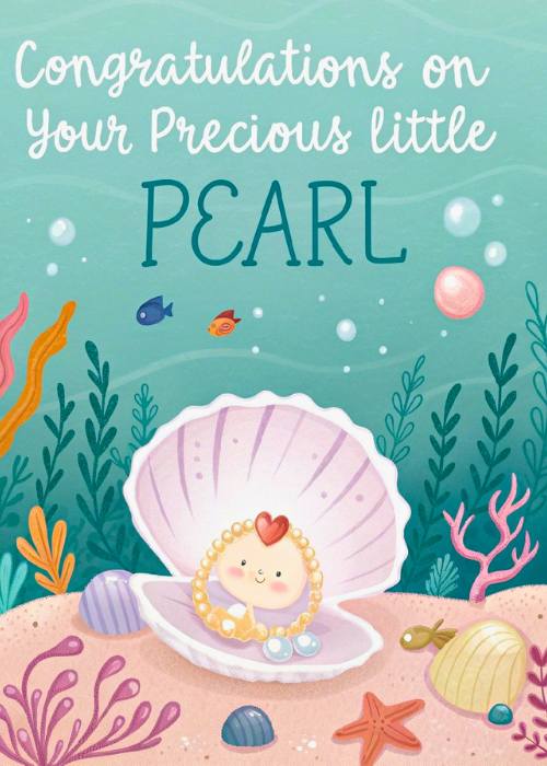 Illustrated baby nestled inside a seashell like a pearl surrounded by underwater elements including seaweed, coral, starfish, and shells on a teal ocean background