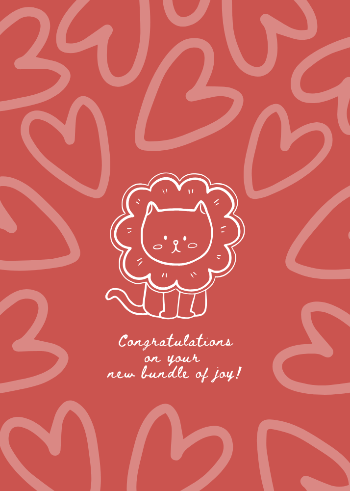 New baby card with white line-drawn lion cub and doodle hearts on a warm coral background with Bundle of Joy text