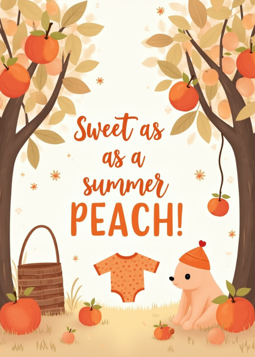 Illustrated new baby card with two peach trees golden foliage puppy in orange hat hanging baby onesie wicker basket and Sweet as a Summer Peach text on cream background