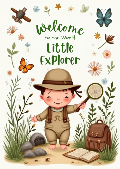 Illustrated new baby card with cartoon toddler in explorer hat overalls and boots holding magnifying glass surrounded by butterflies wildflowers and Welcome Little Explorer script on cream background