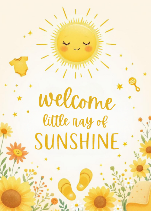 Illustrated new baby card with kawaii smiling sun golden rays bright sunflowers scattered baby onesie rattle and flip flops on cream yellow background with Welcome Little Ray of Sunshine text