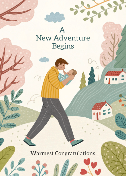 Illustrated new baby card with a dad in a yellow striped jumper holding a newborn while walking through a countryside landscape with pink trees, hills, and red-roofed cottages; text reads A New Adventure Begins and Warmest Congratulations