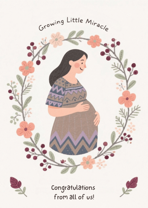 Illustrated pregnant woman smiling and cradling her belly within a wreath of pink and coral flowers and green leaves