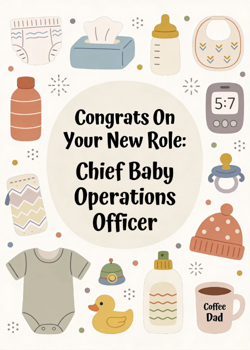 Illustrated baby items including bottles bibs onesie rubber duck and hat surrounding text Chief Baby Operations Officer