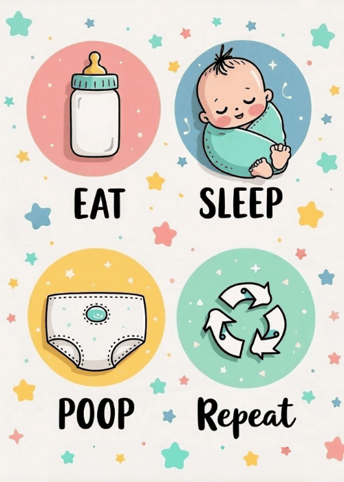 Funny new baby card on a white background scattered with multicolored pastel stars, four large pastel circles in a two-by-two grid showing cute kawaii-style icons with bold sans-serif labels: pink circle with a baby bottle reading EAT, blue circle with a swaddled sleeping baby reading SLEEP, yellow circle with a diaper reading POOP, and teal circle with recycling arrows reading Repeat