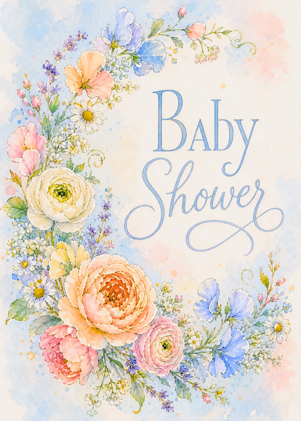 Soft pastel watercolor flowers framing blue Baby Shower script on a white wash