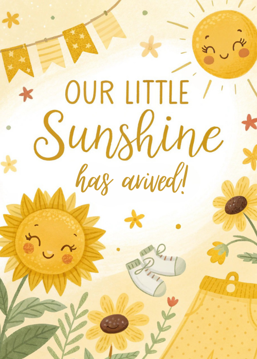 Sunny yellow illustrated new baby card with smiling sunflower characters, baby socks, a onesie, a bunting banner, and text reading Our Little Sunshine Has Arrived