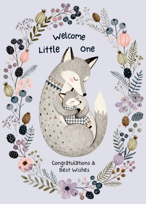 Watercolor mother fox curled around a sleeping baby fox inside an oval botanical wreath of flowers and berries on a soft lavender-gray background with text reading Welcome Little One Congratulations and Best Wishes