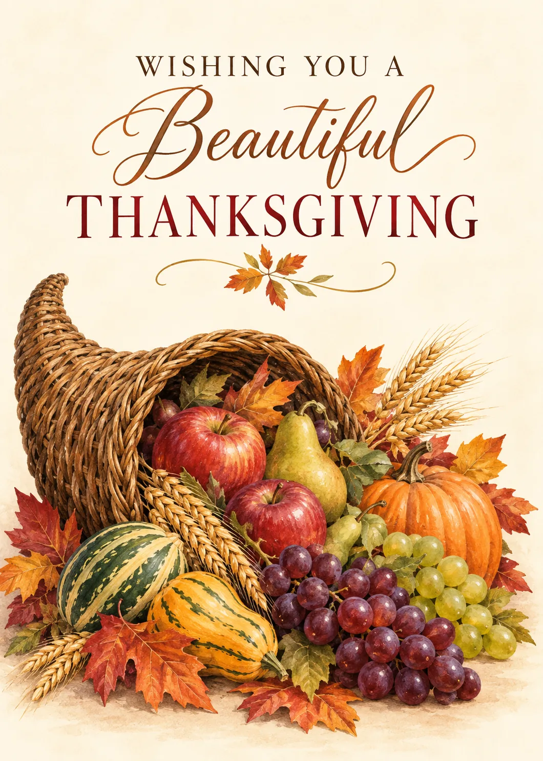 Thanksgiving card with watercolor cornucopia of apples, pears, grapes, gourds and pumpkin with autumn leaves Thanksgiving card with watercolor cornucopia of apples, pears, grapes, gourds and pumpkin with autumn leaves