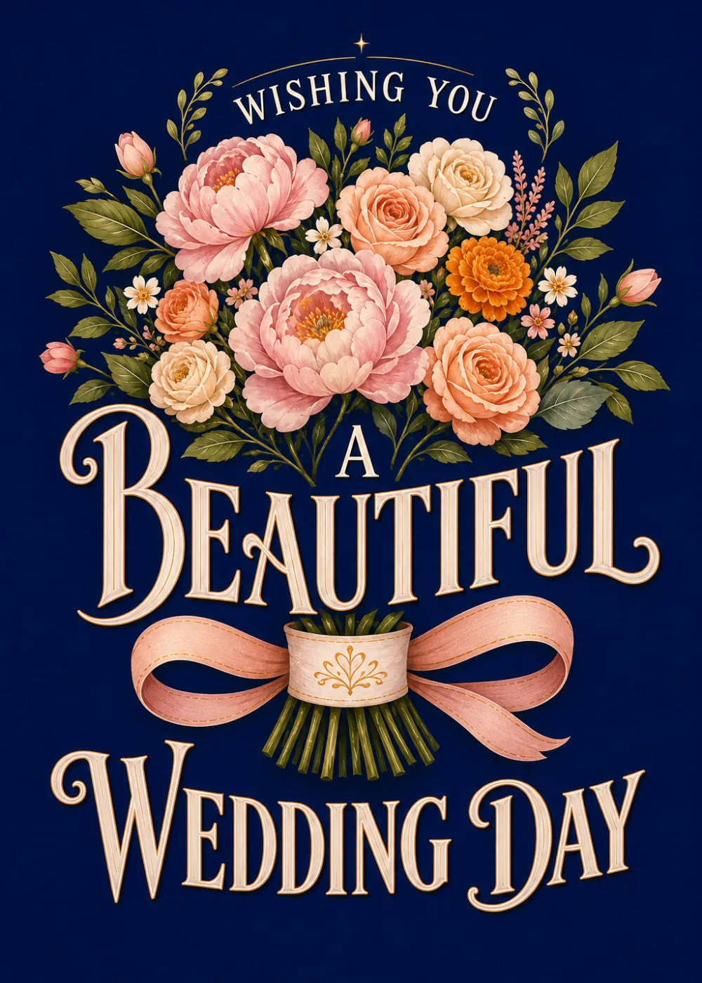 Hand-painted bouquet of peonies and roses beneath elegant gold Wishing You a Beautiful Wedding Day script