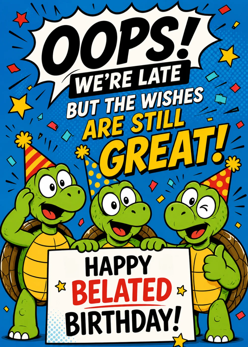 Three cartoon turtles in party hats holding a Happy Belated Birthday sign Three cartoon turtles in party hats holding a Happy Belated Birthday sign