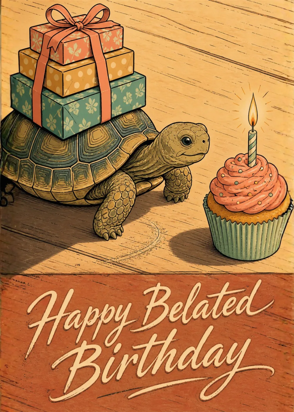 A turtle carrying wrapped gifts approaches a candlelit cupcake for a belated birthday A turtle carrying wrapped gifts approaches a candlelit cupcake for a belated birthday