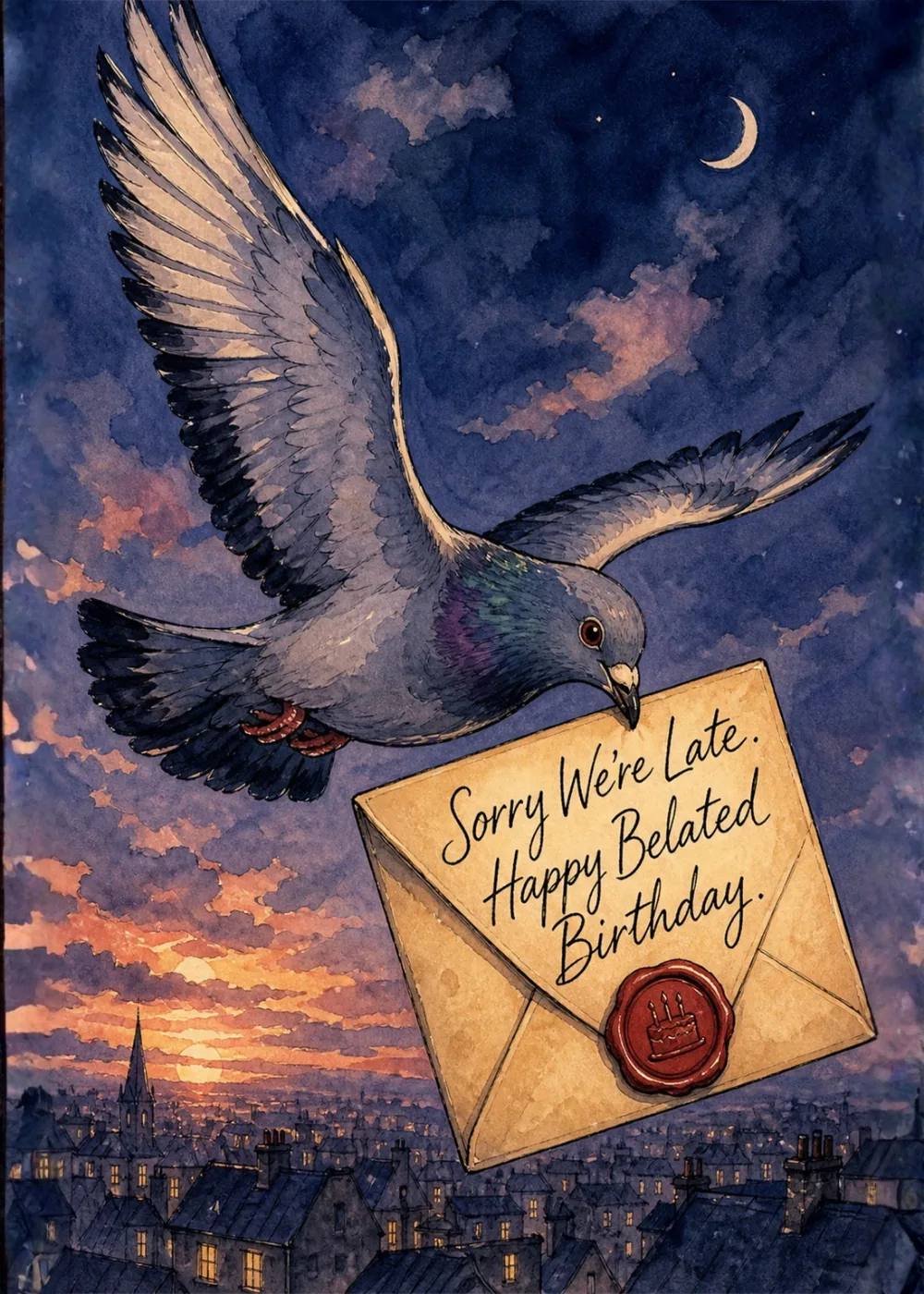 Watercolor pigeon delivering a wax sealed belated birthday letter over a moonlit skyline Watercolor pigeon delivering a wax sealed belated birthday letter over a moonlit skyline