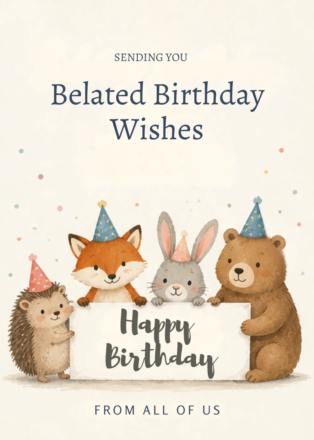 Hedgehog, fox, rabbit, and bear in party hats holding a Happy Birthday sign