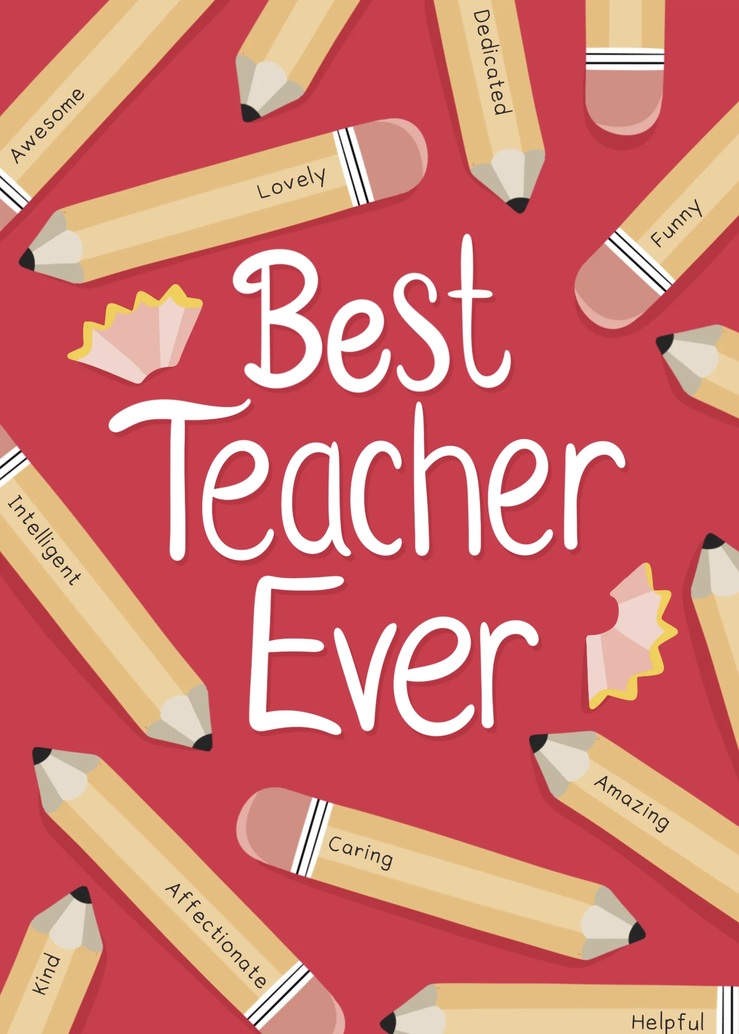 Red card with scattered pencil pattern and bold best teacher ever text