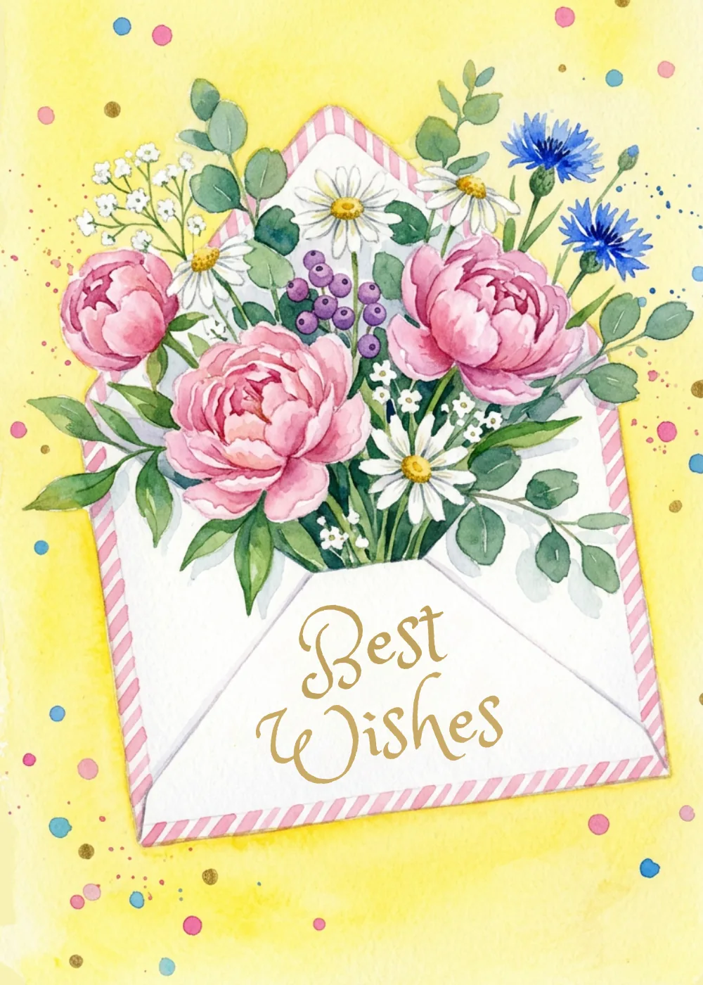 Pink peonies and daisies spilling from a striped envelope with gold Best Wishes script