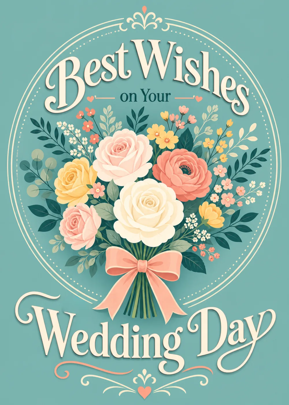 Blush, cream, and coral rose bouquet tied with a satin ribbon on teal