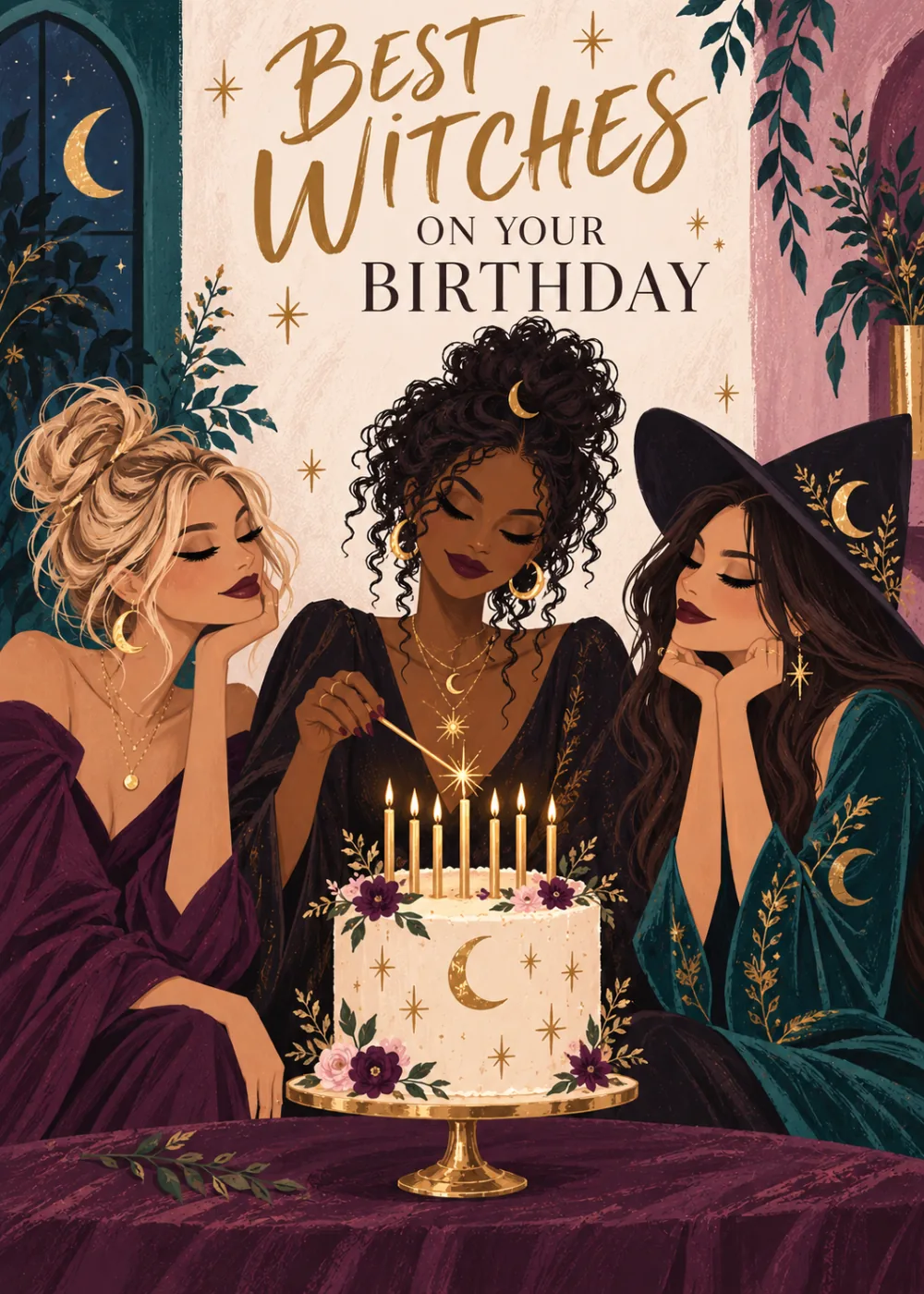 Three glamorous witches around a lit birthday cake in purples with text best witches on your birthday Three glamorous witches around a lit birthday cake in purples with text best witches on your birthday