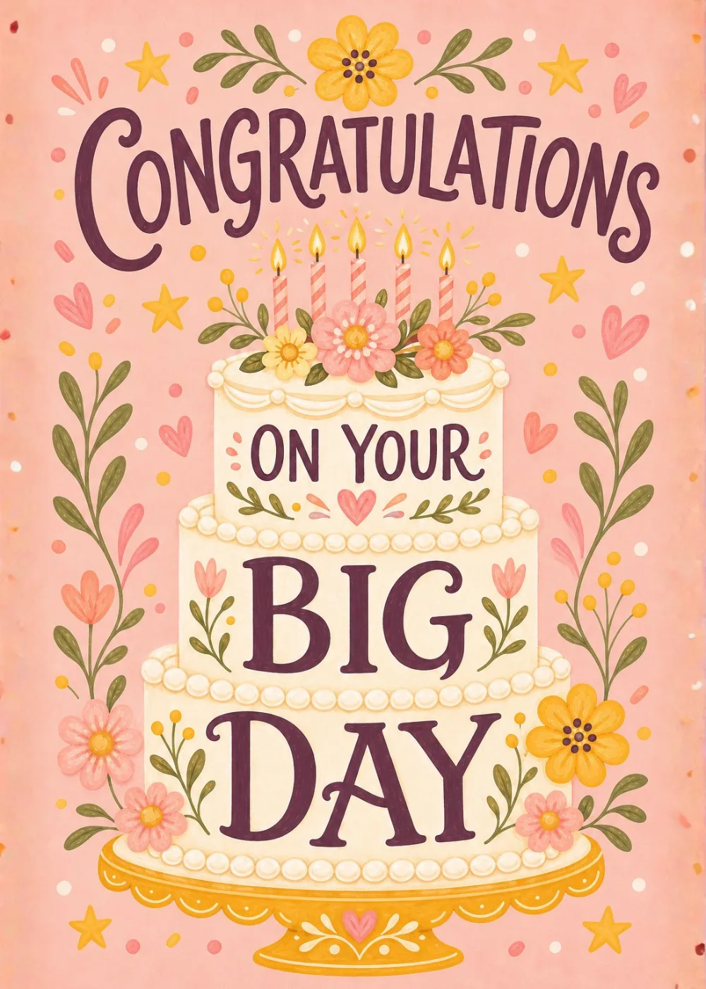A pink three-tier birthday cake with lit candles and painted flowers, Congratulations on Your Big Day A pink three-tier birthday cake with lit candles and painted flowers, Congratulations on Your Big Day
