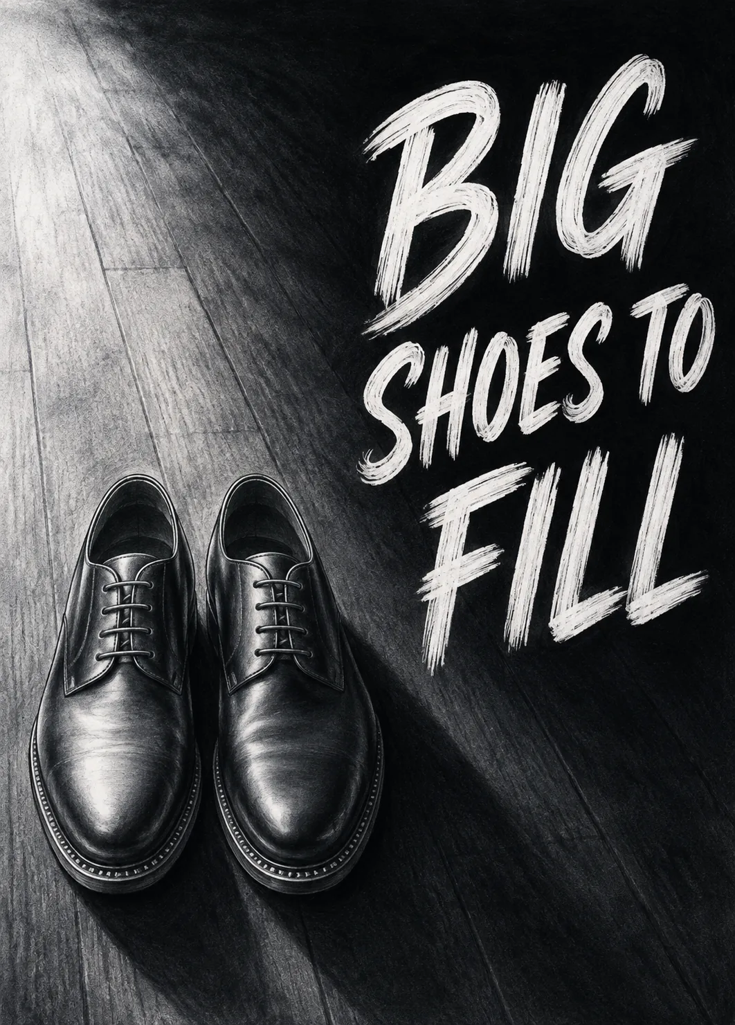 Spotlighted pair of polished black dress shoes on a dark wood floor beside bold 'Big Shoes to Fill' text Spotlighted pair of polished black dress shoes on a dark wood floor beside bold 'Big Shoes to Fill' text