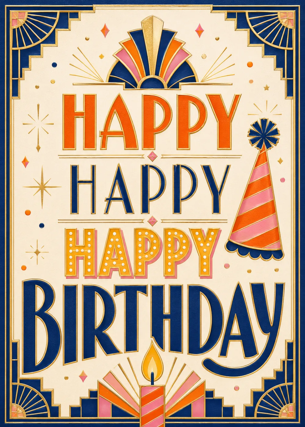 Art deco birthday card with navy and orange lettering, a striped party hat and a lit candle