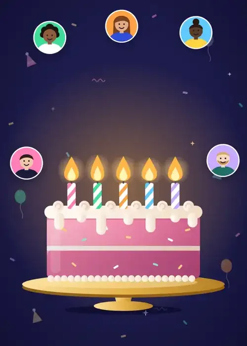 Animated pink birthday cake with flickering candles and friendly avatars on a navy starry sky