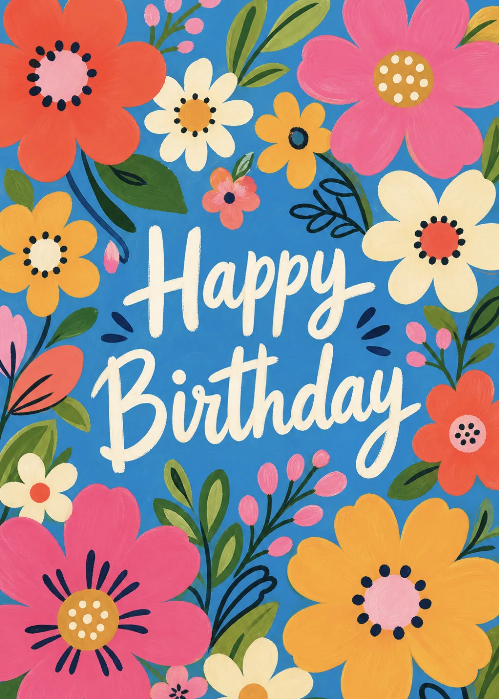 Large folk art flowers in pink and coral on blue with cream Happy Birthday script