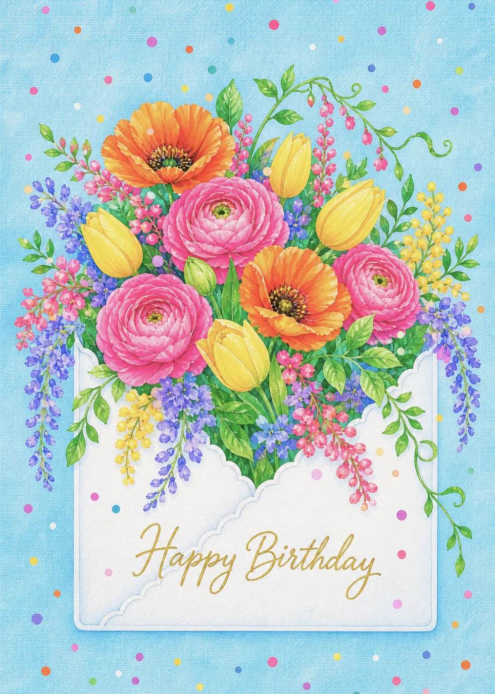 Bright poppies, tulips and ranunculus spilling from an envelope with gold Happy Birthday script