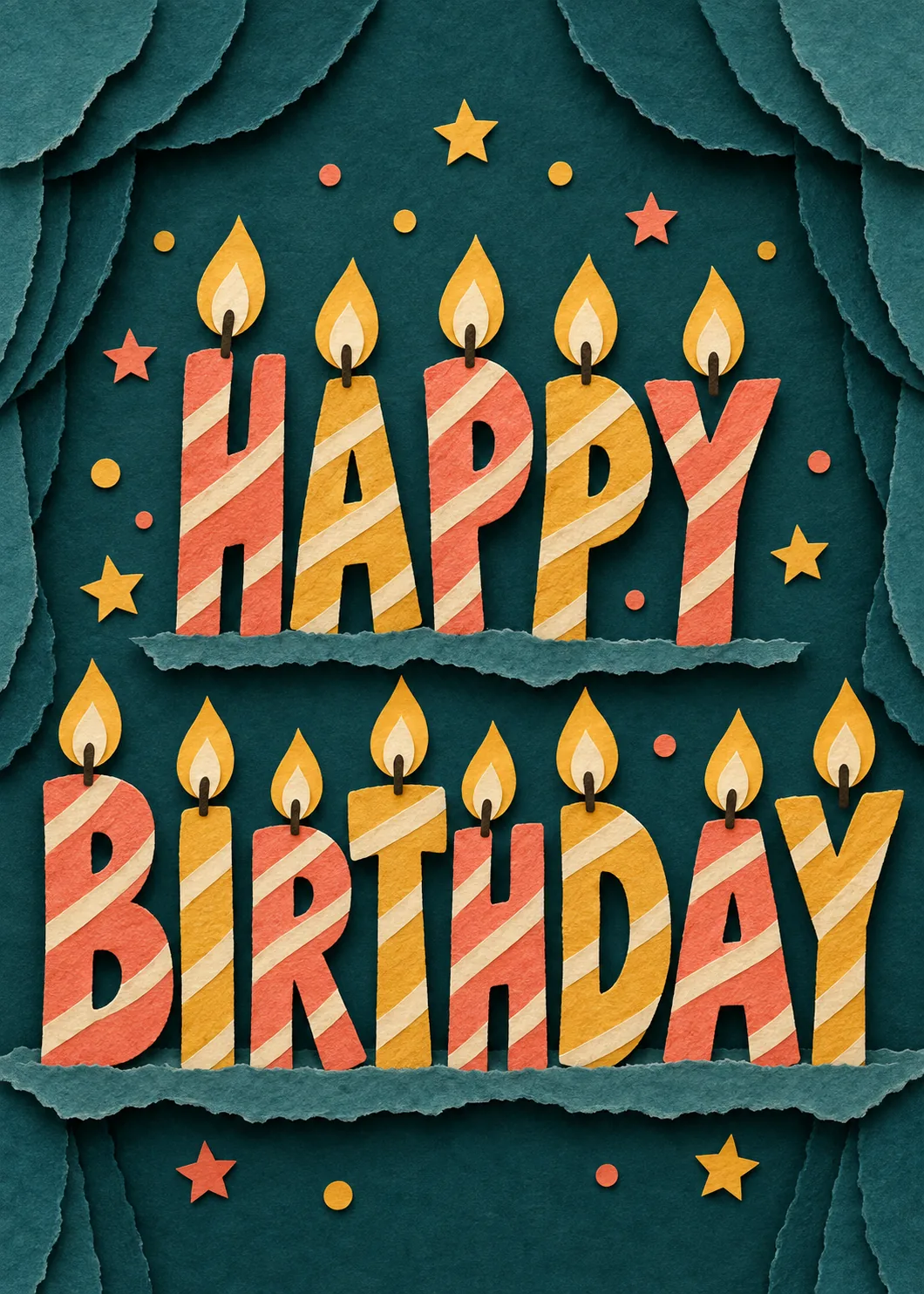 Happy Birthday spelled in striped coral and gold candle letters with flames on layered teal torn paper with stars