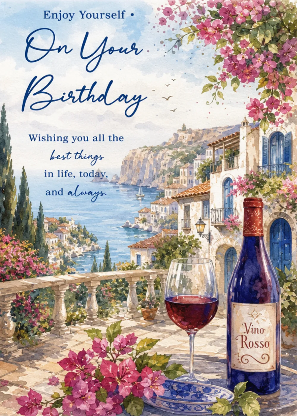 Watercolor Mediterranean seaside terrace with red wine and pink blossoms for a birthday
