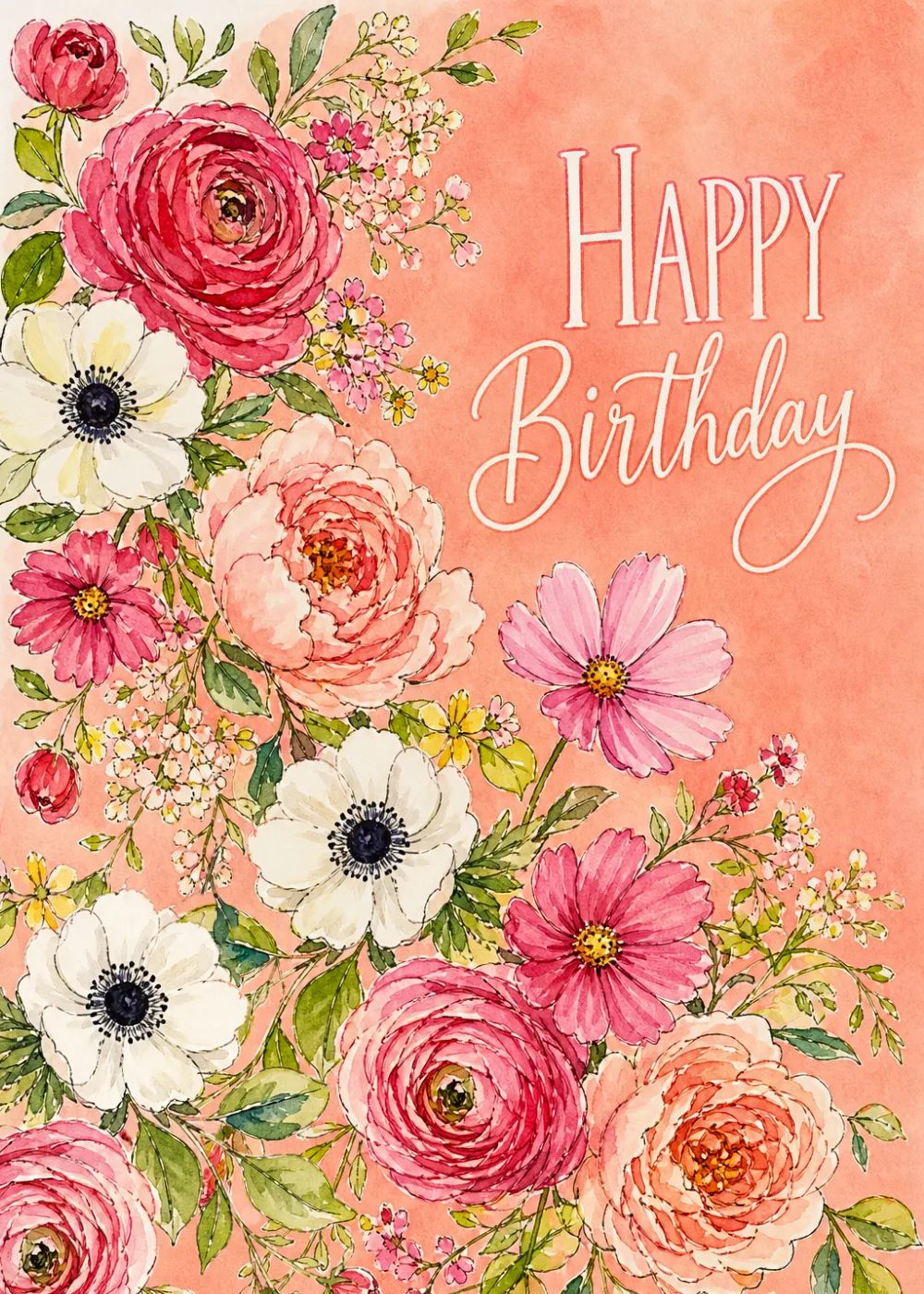 Pink ranunculus, anemones and cosmos on a coral watercolor wash with white Happy Birthday script