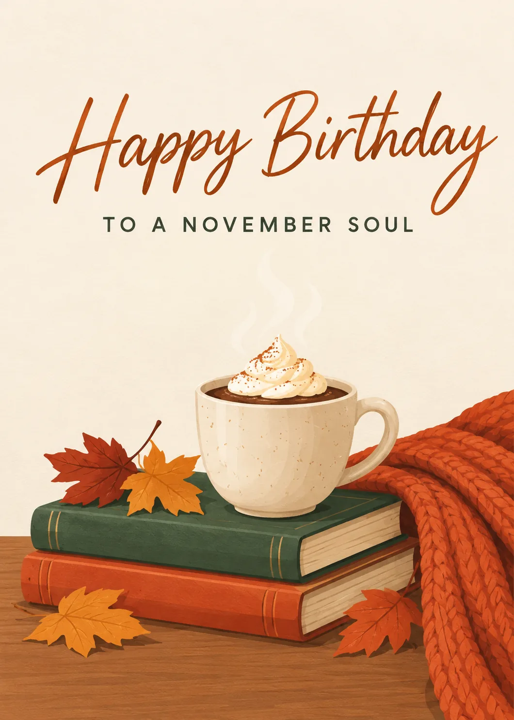Mug of cocoa on stacked books beside a rust knit blanket and autumn leaves with Happy Birthday text