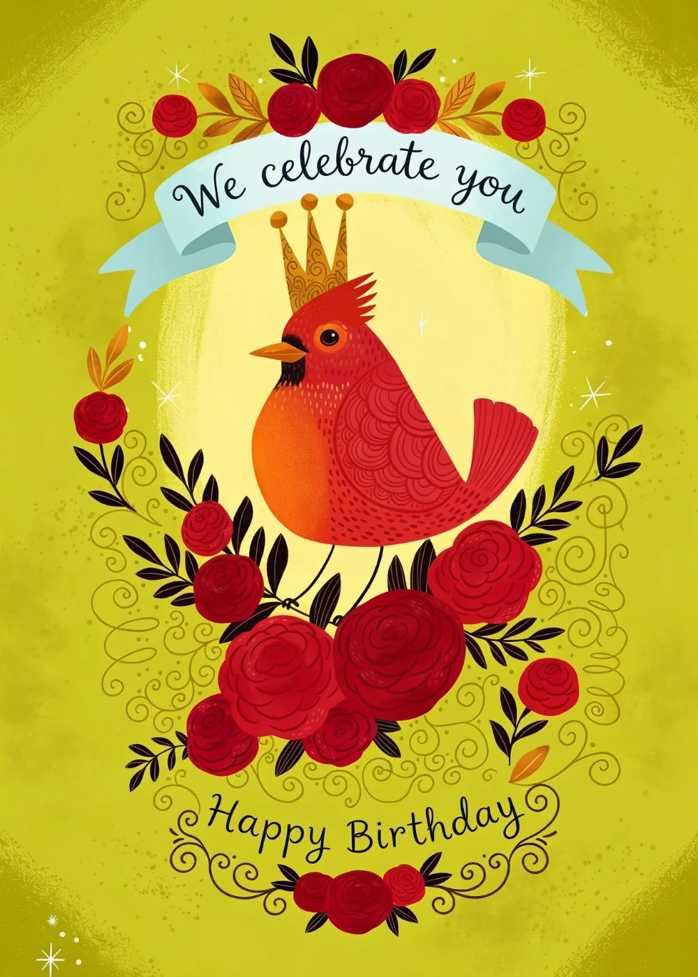 Illustrated red cardinal wearing a gold crown among roses on chartreuse for a birthday