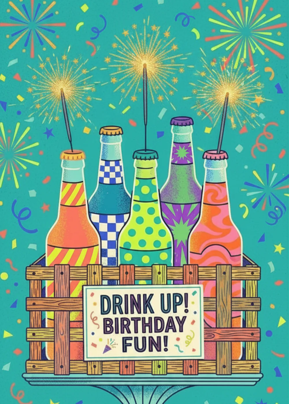 Colorful birthday bottles with sparklers in a crate on a teal fireworks and confetti background